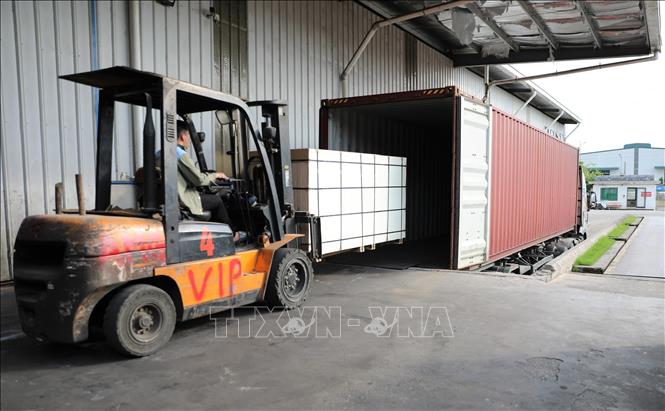 Chuyến hàng xuất khẩu đầu tiên sau đợt bão lũ tại Công ty Cổ phần Thương mại Sản xuất Kim Gia chuyên chế biến gỗ ván ép, tại thành phố Yên Bái. Ảnh: Tuấn Anh – TTXVN