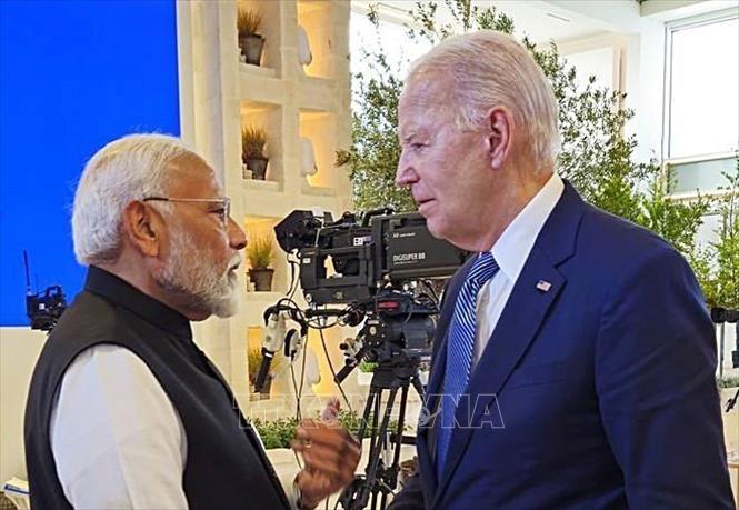 (Tư liệu) Thủ tướng Ấn Độ Narendra Modi (trái) và Tổng thống Mỹ Joe Biden tại cuộc gặp bên lề Hội nghị thượng đỉnh G7 ở Apulia, Italy ngày 15/6/2024. Ảnh: ANI/TTXVN