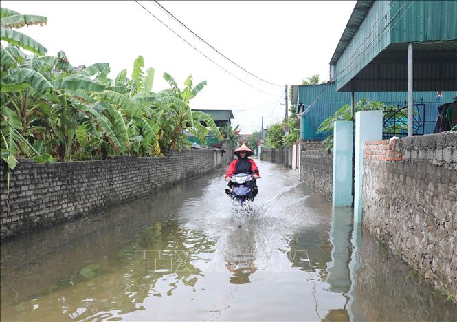 Nhiều tuyến đường liên xã, liên xóm trên địa bàn huyện Diễn Châu (Nghệ An) bị ngập sâu gây khó khăn cho các phương tiện tham gia giao thông. Ảnh: Xuân Tiến - TTXVN 