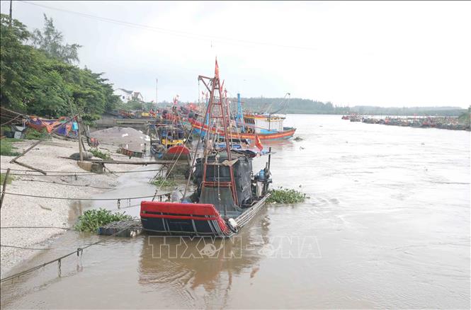 Bè mảng và tàu thuyền của ngư dân neo đậu ở hạ lưu, rất gần hệ thống cửa cống của cống Diễn Thành (huyện Diễn Châu, Nghệ An). Ảnh: Xuân Tiến - TTXVN 