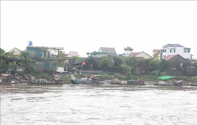 Nhiều bè mảng của ngư dân neo đậu ở hạ lưu sông Bùng, rất gần cửa cống của cống Diễn Thành, nơi có dòng chảy rất mạnh mỗi khi vận hành mở cống tiêu úng, chống ngập. Ảnh: Xuân Tiến - TTXVN 