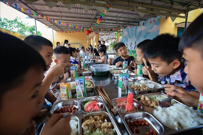Các học sinh ngồi hai bên dãy bàn ăn trưa trong không khí vui vẻ cùng những tiếng nói cười râm ran. Ảnh: Trọng Đạt-TTXVN