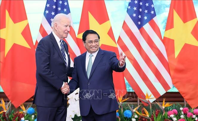 Sáng 11/9/2023, tại Hà Nội, Thủ tướng Phạm Minh Chính hội kiến Tổng thống Hoa Kỳ Joe Biden nhân chuyến thăm cấp Nhà nước tới Việt Nam. Ảnh: Dương Giang-TTXVN
