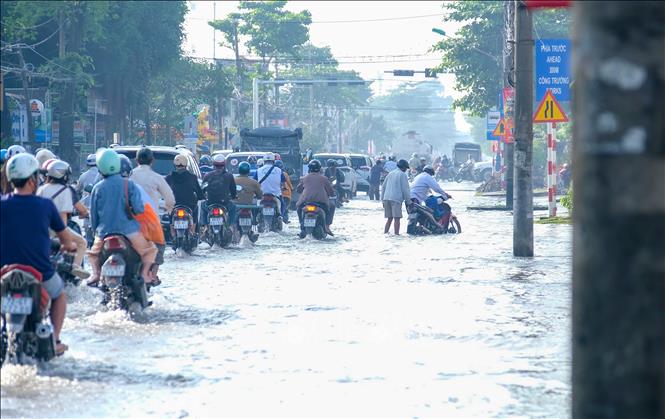 Một đoạn trên đường Cách Mạng Tháng Tám, quận Ninh Thủy trong sáng 23/9/2024 đã bớt ngập sâu dù triều cường vượt báo động 2. Ảnh: Thanh Liêm - TTXVN