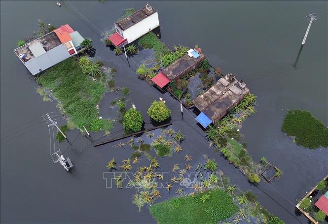 Những ngôi nhà ở thôn Phú Hiền, xã Hợp Thanh, huyện Mỹ Đức vẫn đang ngập trong biển nước. Ảnh: Trần Việt - TTXVN