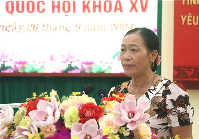 Cử tri huyện Kim Động, tỉnh Hưng Yên phát biểu ý kiến tại buổi tiếp xúc cử tri. Ảnh: Mai Ngoan-TTXVN