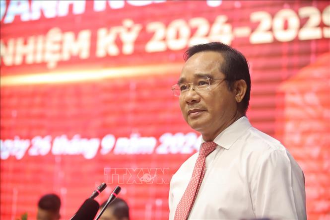 Bí thư Tỉnh ủy Long An - Nguyễn Văn Được phát biểu tại Đại hội. Ảnh: Bùi Giang - TTXVN