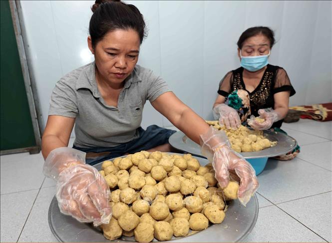 Nhân bánh được chia đều nắm từng nắm. Ảnh: Trần Việt - TTXVN