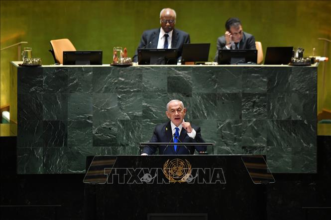 Thủ tướng Israel Benjamin Netanyahu phát biểu tại Khóa họp 79 Đại hội đồng Liên hợp quốc ngày 27/9/2024. Ảnh: THX/TTXVN