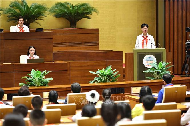 Chủ tịch Quốc hội trẻ em Lê Gia Vinh, học sinh lớp 8/5, Trường THCS Hùng Vương (huyện Trảng Bom, tỉnh Đồng Nai) phát biểu khai mạc phiên họp. Ảnh: Minh Đức - TTXVN