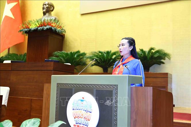 Bí thư Trung ương Đoàn, Chủ tịch Hội đồng Đội Trung ương - Trưởng Ban Tổ chức phiên họp Nguyễn Phạm Duy Trang phát biểu. Ảnh: Minh Đức - TTXVN