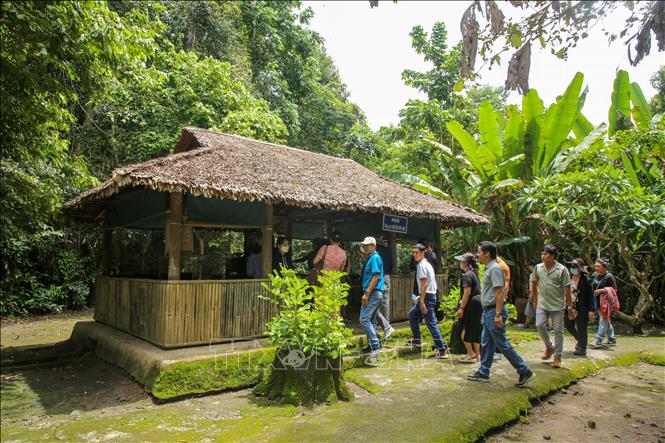 Nhà trong căn cứ được xây dựng nổi trên mặt đất, toàn bộ cột, kèo, đòn tay đều làm bằng gỗ, mái lợp lá trung quân. Ảnh: Giang Phương - TTXVN