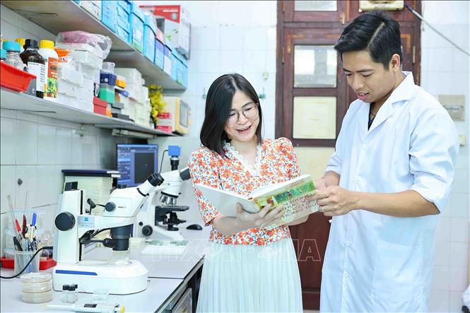 Tiến sĩ Sinh học Nguyễn Hữu Tiền trao đổi công việc cùng các đồng nghiệp. Ảnh: Minh Đức – TTXVN