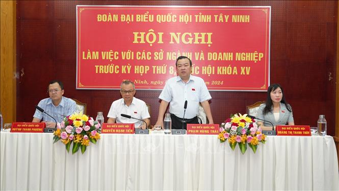 Đại biểu Phạm Hùng Thái, Phó Bí thư Thường trực Tỉnh ủy, Trưởng Đoàn đại biểu Quốc hội tỉnh Tây Ninh, giải thích một số nội dung kiến nghị của cử tri. Ảnh: Minh Phú - TTXVN