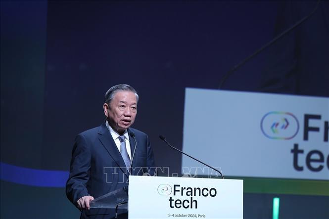 Party General Secretary amd State President To Lam makes a speech at the FrancoTech 2024. VNA Photo: Trí Dũng 