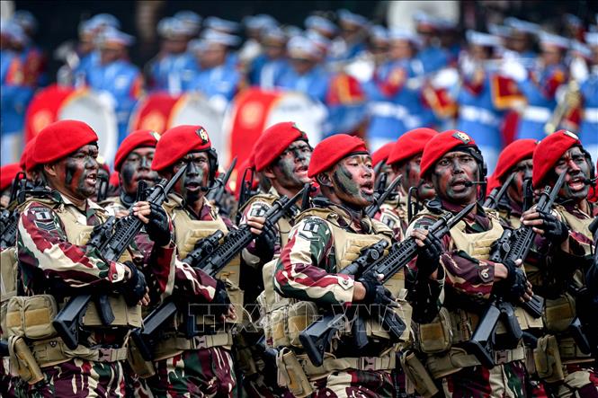 Lực lượng đặc nhiệm Indonesia tại lễ tổng duyệt diễu binh kỷ niệm 79 năm ngày thành lập Quân đội Indonesia (TNI) ở Jakarta, ngày 3/10/2024. Ảnh: THX/TTXVN