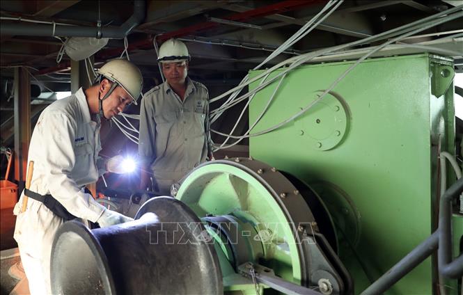 Đăng kiểm viên thuộc Chi cục Đăng kiểm số 10 làm thủ tục đăng kiểm đóng mới phương tiện thuỷ nội địa tại Công ty đóng tàu Khiên Hà, huyện Tiên Lãng, thành phố Hải Phòng. Ảnh: Quốc Khánh - TTXVN