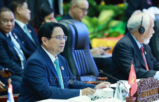 Thủ tướng Phạm Minh Chính phát biểu tại Hội nghị cấp cao ASEAN - Trung Quốc lần thứ 27. Ảnh: Dương Giang-TTXVN