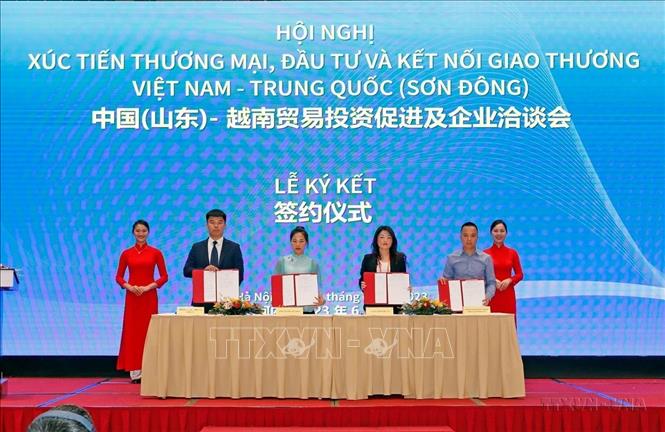 Ký kết hợp tác giữa doanh nghiệp hai nước tại Hội nghị Xúc tiến Thương mại, Đầu tư và kết nối giao thương Việt Nam – Trung Quốc (Sơn Đông). Ảnh: Trần Việt - TTXVN