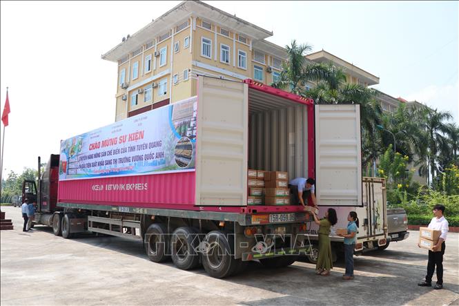 Các sản phẩm được vận chuyển lên xe để đưa đi xuất khẩu. Ảnh: Hoàng Hải - TTXVN