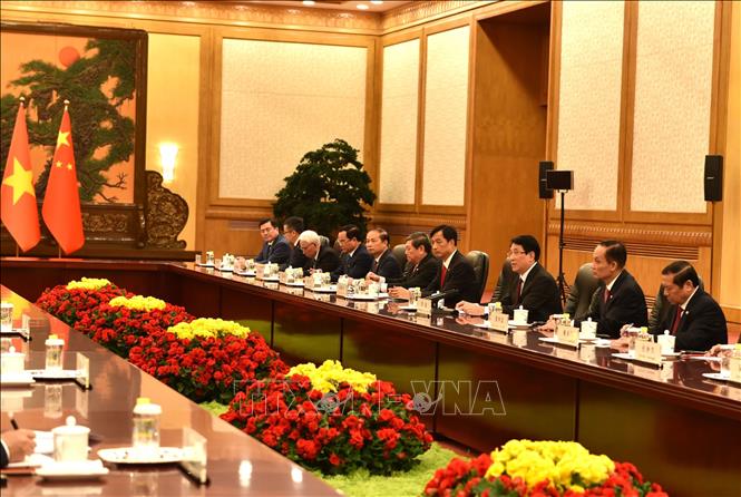 Đồng chí Lương Cường cùng đoàn công tác Đảng Cộng sản Việt Nam tại buổi hội kiến Tổng Bí thư, Chủ tịch nước Trung Quốc Tập Cận Bình. Ảnh: Thành Dương – Pv TTXVN tại Trung Quốc.