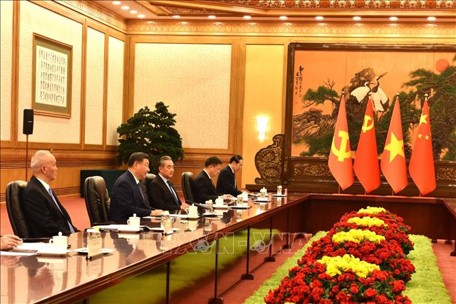 Tổng Bí thư, Chủ tịch nước Trung Quốc Tập Cận Bình tiếp đồng chí Lương Cường cùng đoàn công tác Đảng Cộng sản Việt Nam. Ảnh: Thành Dương – Pv TTXVN tại Trung Quốc.