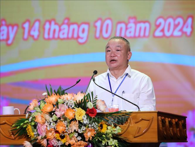 Giám đốc Thư viện tỉnh Bắc Giang Nguyễn Đắc Hồng phát biểu khai mạc hội thi. Ảnh: Danh Lam - TTXVN