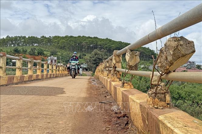 Cầu nối thôn Đà Thuận với thôn 16 (xã Đà Loan, huyện Đức Trọng) nhỏ hẹp, một số hạng mục xuống cấp nghiêm trọng. Ảnh: Nguyễn Dũng - TTXVN