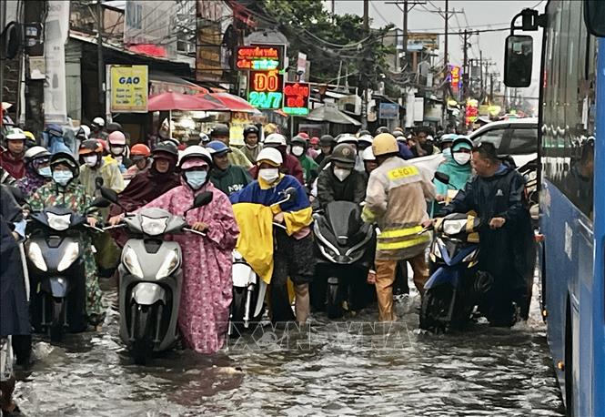 CSGT lội nước, dầm mưa, vừa điều tiết giao thông, vừa giúp người dân vượt qua vùng trũng, ngập úng sâu ở đoạn Quốc lộ 50 - Nguyễn Văn Linh, Quận 8. Ảnh: Thanh Vũ-TTXVN