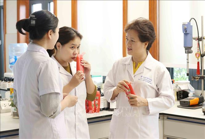 Chị Nguyễn Thị Hương Liên (bên phải) cùng các dược sĩ tại phòng nghiên cứu của công ty. Ảnh: Phương Hoa - TTXVN