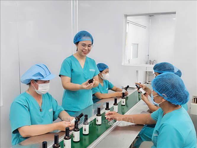 Chị Trịnh Thị Bích Linh (giữa) kiểm tra chất lượng sản phẩm tại nhà máy sản xuất mỹ phẩm. Ảnh: Phương Hoa - TTXVN