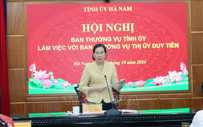 Bí thư Tỉnh ủy Hà Nam Lê Thị Thủy phát biểu kết luận hội nghị. Ảnh: Nguyễn Chinh - TTXVN