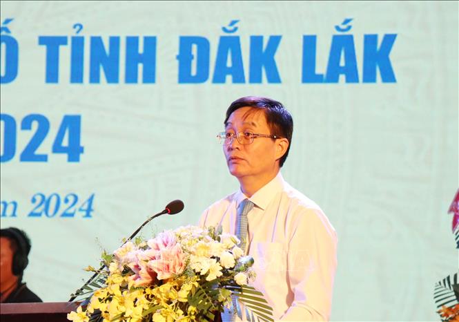 Ông Nguyễn Đình Trung, Uỷ viên Trung ương Đảng, Bí thư Tỉnh uỷ Đắk Lắk, phát biểu tại Đại hội. Ảnh: Tuấn Anh – TTXVN