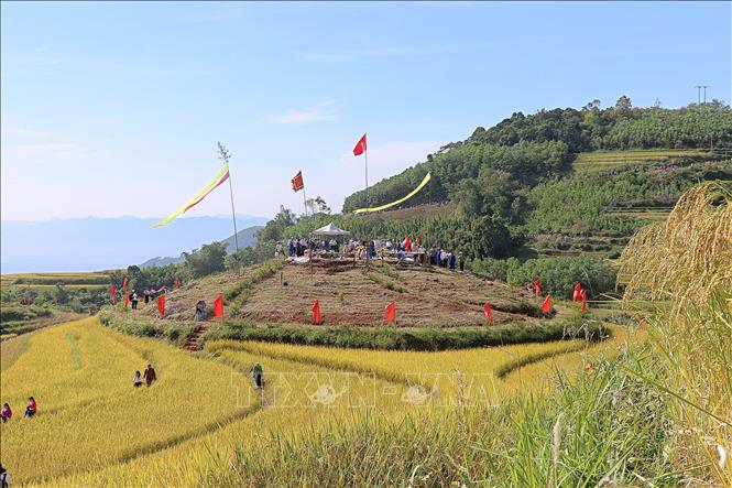 Điểm cúng lễ mừng cơm mới xã Miền Đồi. Ảnh: Thanh Hải - TTXVN 