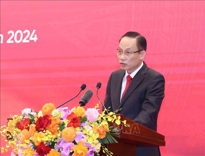 Đồng chí Lê Hoài Trung, Bí thư Trung ương Đảng, Trưởng Ban Đối ngoại Trung ương đọc diễn văn Lễ kỷ niệm. Ảnh: Phương Hoa – TTXVN