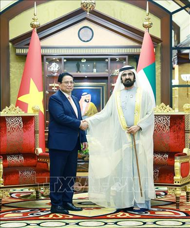 Prime Minister Pham Minh Chinh holds talks with Vice President and Prime Minister of the United Arab Emirates Sheikh Mohammed bin Rashid Al Maktoum in Dubai on October 28. VNA Photo: Dương Giang 