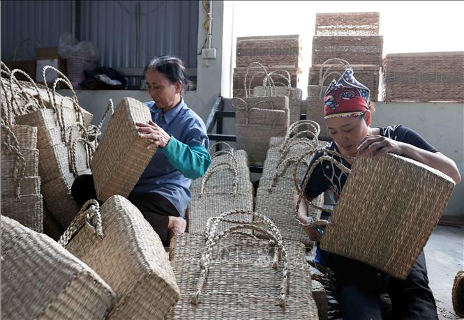 Công ty TNHH Phúc Thịnh ở làng nghề Phú Túc chuyên thu mua, sản xuất hàng xuất khẩu, thu hút hàng chục lao động. Ảnh: Trần Việt - TTXVN