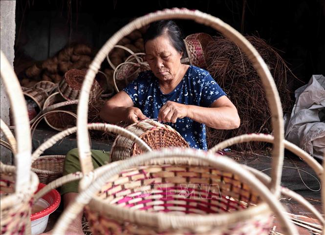 Nghệ nhân làng nghề mây tre đan Phúc Túc đang sản xuất những giỏ đựng hàng. Ảnh: Trần Việt - TTXVN