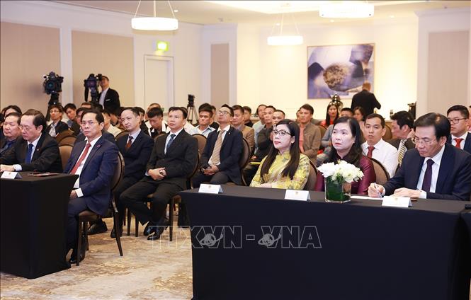 Phu nhân Lê Thị Bích Trân cùng các đại biểu tham dự buổi gặp cộng đồng người Việt Nam tại Qatar. Ảnh: Dương Giang-TTXVN 