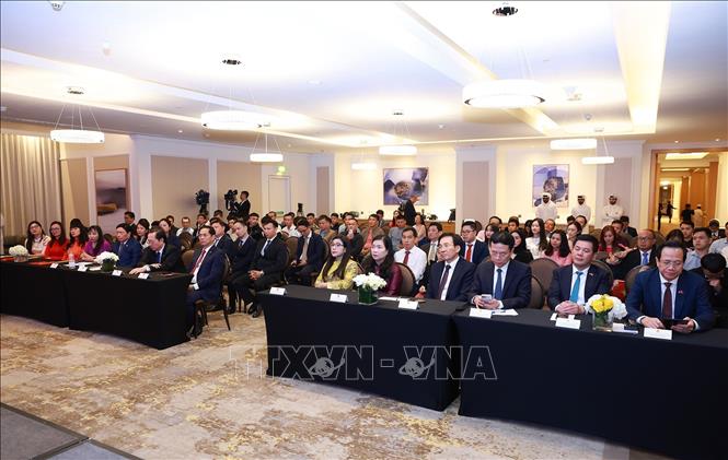 Phu nhân Lê Thị Bích Trân cùng các đại biểu tham dự buổi gặp cộng đồng người Việt Nam tại Qatar. Ảnh: Dương Giang-TTXVN 