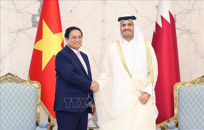 Thủ tướng Phạm Minh Chính hội đàm với Thủ tướng Nhà nước Qatar Sheikh Mohammed bin Abdulrahman bin Jasim Al-Thani. Ảnh: Dương Giang-TTXVN