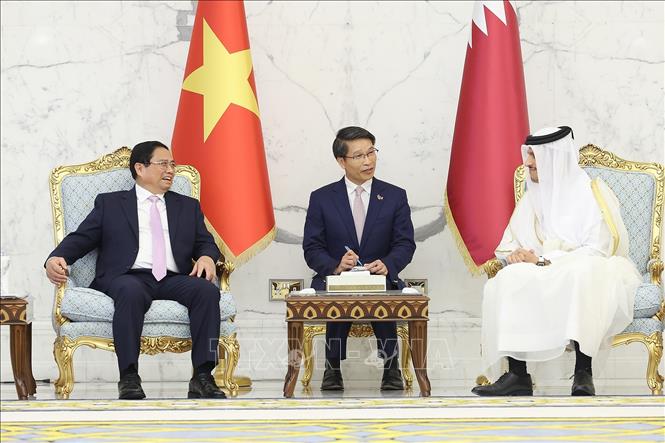 Thủ tướng Phạm Minh Chính hội đàm với Thủ tướng Nhà nước Qatar Sheikh Mohammed bin Abdulrahman bin Jasim Al-Thani. Ảnh: Dương Giang-TTXVN