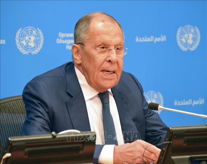 Ngoại trưởng Nga Sergey Lavrov phát biểu họp báo tại New York, Mỹ. Ảnh: Kyodo/TTXVN