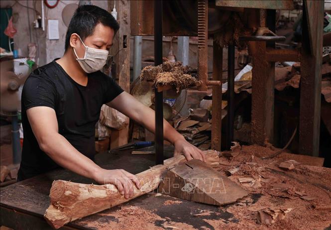 Pieces of wood are cut to the correct size before being attached to the wood lathe for turning. VNA Photo: Trần Việt