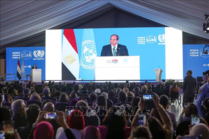 Tổng thống Ai Cập Abdel-Fattah al-Sisi phát biểu khai mạc Diễn đàn Đô thị Thế giới lần thứ 12 (WUF12) khai mạc tại Thủ đô Hành chính Mới (New Cairo) ngày 4/11/2024. Ảnh: THX/TTXVN