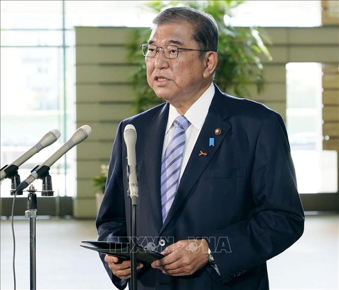 Thủ tướng Nhật Bản Shigeru Ishiba trong cuộc họp báo tại Tokyo sau vụ phóng tên lửa của Triều Tiên, ngày 5/11/2024. Ảnh: Kyodo/TTXVN 