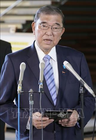 Thủ tướng Nhật Bản Shigeru Ishiba trong cuộc họp báo tại Tokyo sau vụ phóng tên lửa của Triều Tiên, ngày 5/11/2024. Ảnh: Kyodo/TTXVN