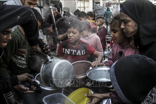 Người dân nhận thức ăn cứu trợ tại thành phố Gaza ngày 4/11/2024. Ảnh: THX/TTXVN