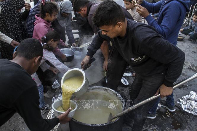Người dân nhận thức ăn cứu trợ tại thành phố Gaza ngày 4/11/2024. Ảnh: THX/TTXVN