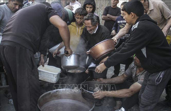 Người dân nhận thức ăn cứu trợ tại thành phố Gaza ngày 4/11/2024. Ảnh: THX/TTXVN